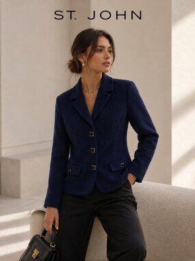 St. John Basics Navy Knit Blazer Jacket Women Size 6 USA Button Front Career